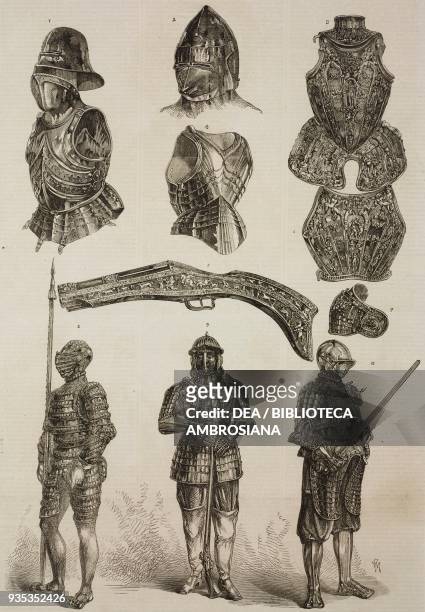 Arms and armour in the Meyrick Collection: 1-4) German armour 2) Italian bassinet or helmet 3-6-7) armour belonged to Alphonse II, Duke of Ferrara,...