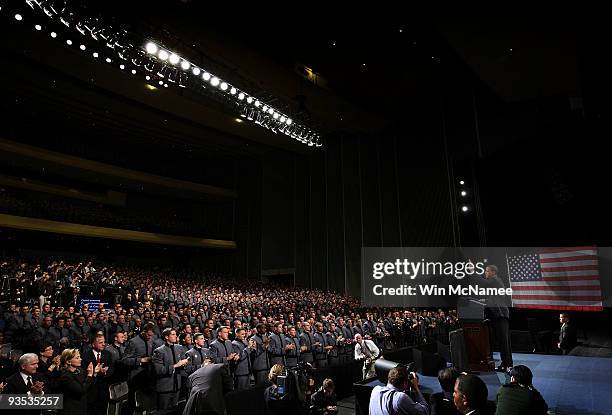 President Barack Obama greets cadets before speaking at the U.S. Military Academy at West Point on December 1, 2009 in West Point, New York....
