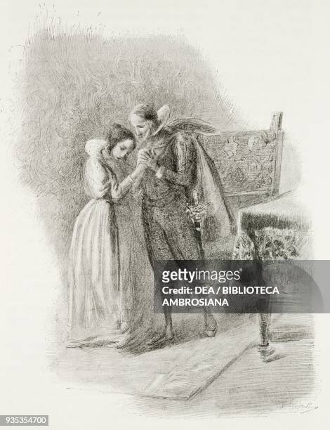 The father convincing Gertrude to enter a monastery, illustration by Gaetano Previati , from The Betrothed, A Milanese story of the 17th century,...