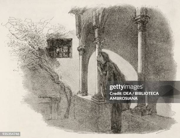 Egidio speaking to Gertrude by a window overlooking a courtyard of the convent, illustration by Gaetano Previati , from The Betrothed: 17th century...