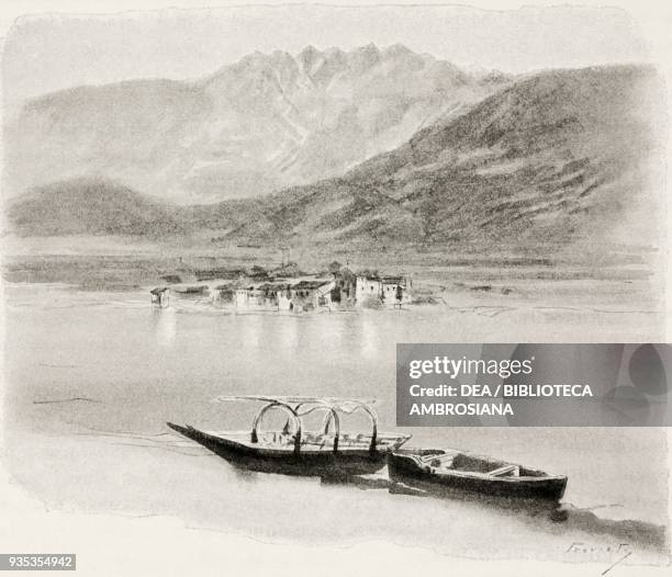 Pescarenico, village where it is rumored Renzo, Lucy and Agnese fled, illustration by Gaetano Previati , from The Betrothed, A Milanese story of the...