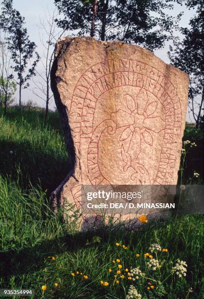 Runestone with inscription, Lerkaka, Borgholm, Oland, Sweden. Viking civilisation.