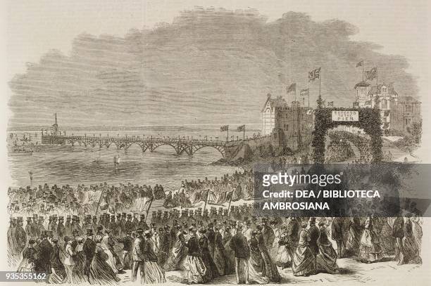 Opening of the pier at Clevedon, Somersetshire, United Kingdom, illustration from the magazine The Illustrated London News, volume LIV, April 10,...