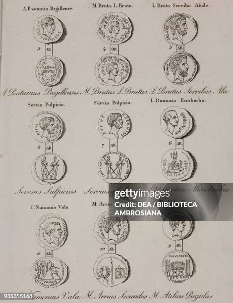 Coins depicting Aulus Postumius Regillense, Marcus Junius Brutus, Lucius Junius Brutus, Gaius Servilius Ahala, Servio Sulpicio, Lucius Domitius...