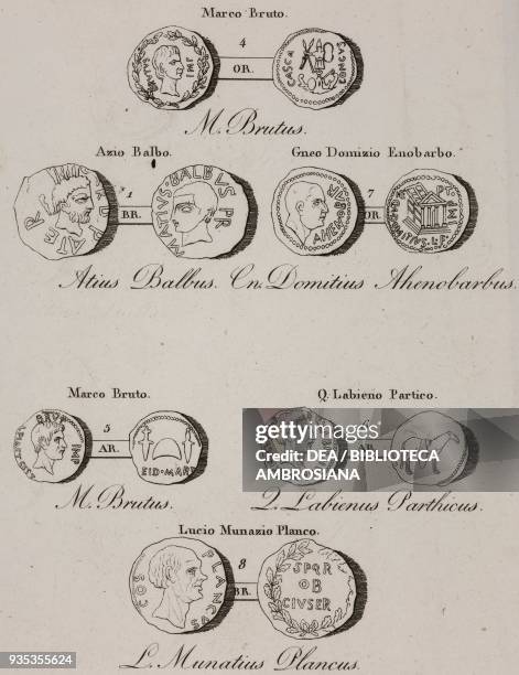 Coins depicting Marcus Brutus, Marcus Atius, Gnaeus Domitius Ahenobarbus, Quintus Labienus Parthian, Lucio Munatius Plancus, illustration from Roman...