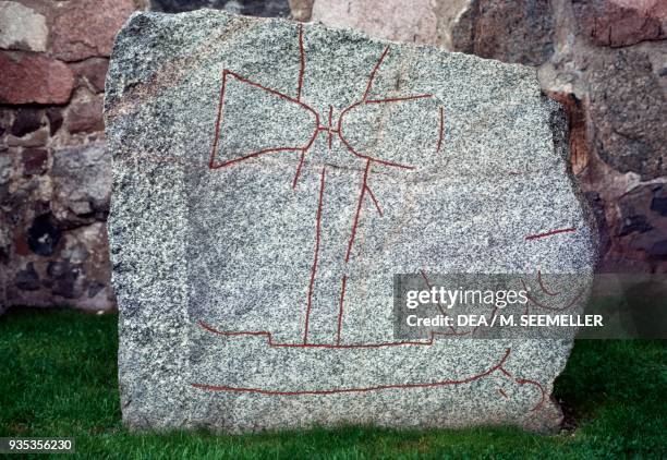 Runestone depicting a ship, Sweden. Viking civilisation.
