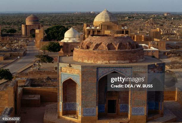 View of the funeral monuments in Makli Hill Necropolis, Thatta , Pakistan.