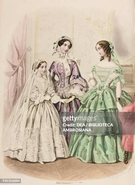 Little girl wearing a first communion dress, woman wearing a visiting dress, teenage girl wearing an evening or concert dress, engraving by...