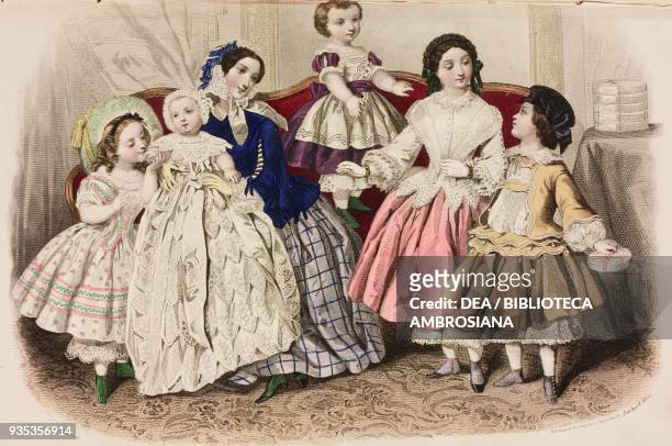 Three-five year-old girl wearing a dress and hat, baby wearing a christening dress, ten-twelve year-old girl wearing walking clothes, one-two...