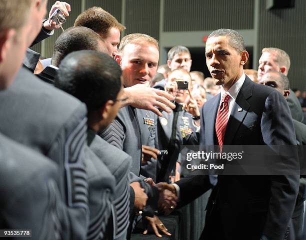 President Barack Obama greets cadets after speaking in Eisenhower Hall at the United States Military Academy at West Point December 1, 2009 in West...