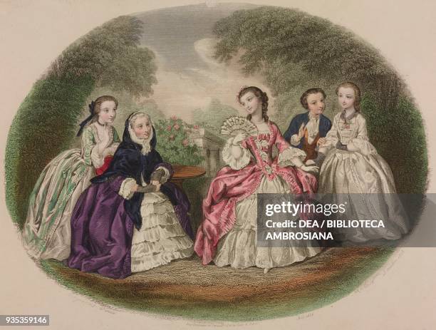 Marceline, Mademoiselle Kerbriant, Mademoiselle Claire de Valbois, Paul de Valbois and Mademoiselle Blanche de Valbois in the Valbois castle garden,...