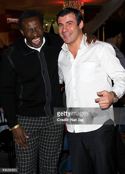 Sports personalities Linford Christie and Joe Calzaghe attend the opening of the new Ed Hardy store at Westfield on December 1, 2009 in London,...