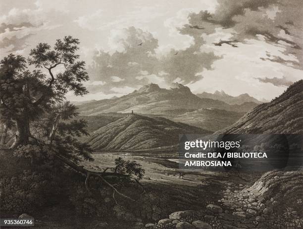 View of the Merano valley, engraving by Cherbuin, from a painting by Giuseppe Canella, from the Album: Exhibition of Fine Arts in Milan, 1850.