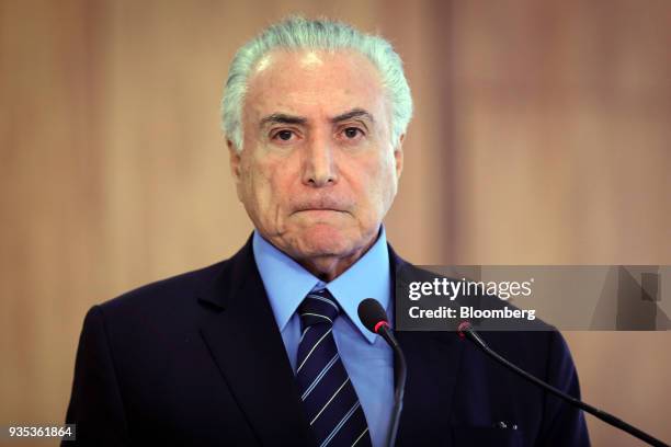 Michel Temer, Brazil's president, pauses while speaking during a joint press conference with Juan Manuel Santos, Colombia's president, not pictured,...