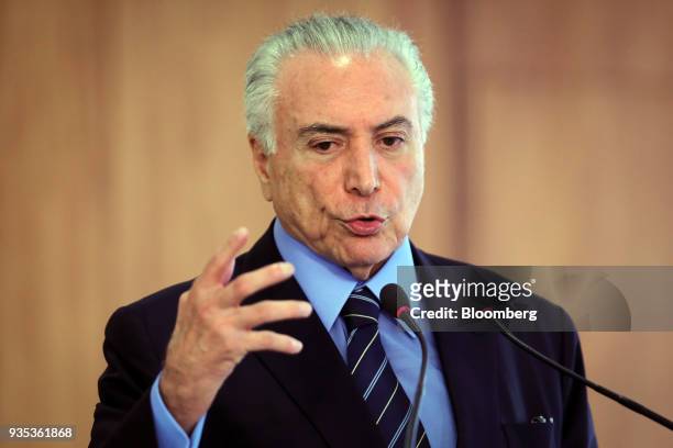 Michel Temer, Brazil's president, speaks during a joint press conference with Juan Manuel Santos, Colombia's president, not pictured, at the Planalto...