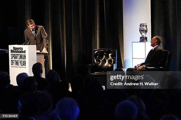 Sports Illustrated Writer Dan Patrick and 2009 Sports Illustrated Sportsman of the Year Derek Jeter speak during the 2009 Sports Illustrated...