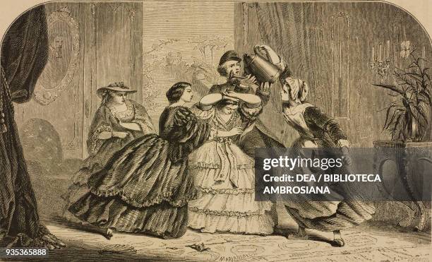 Domestic working pouring the contents of a watering can over a lady, illustration for the comic opera Petit pluie abat grand vent , Magasin des...