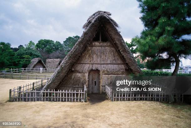 Pit house reconstruction, Shijimizuka archaeological site dating to Jomon period, Japan.