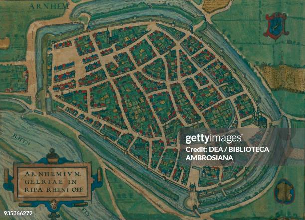 Map of Arnhem, Netherlands, coloured engraving from De praecipuis totius universi urbibus, liber tertius by Georg Braun and Franz Hogenberg , with...