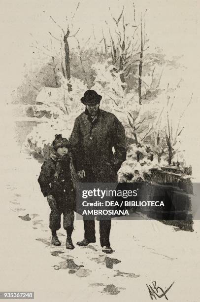 Man and a child walking in the snow, engraving from Sappho: Parisian manners by Alphonse Daudet , engravings by Guillaume Freres.