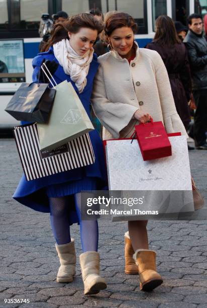 Leighton Meester and Laura Harring are seen working on the set of the TV show "Gossip Girls" on location on the streets of Manhattan on December 1,...