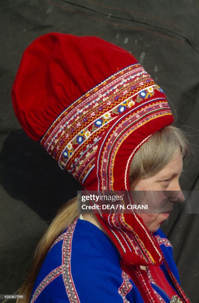 Sami woman wearing traditional hat, Kautokeino