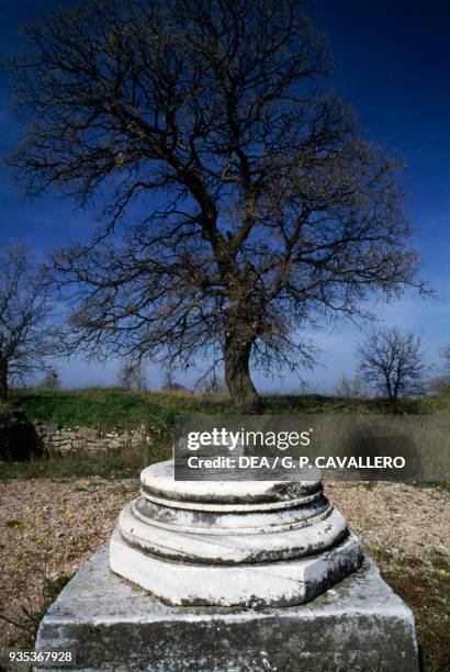 Column base, ruins of Troy VIII-IX, archaeological site of ancient Troy , Hisarlik, Turkey.