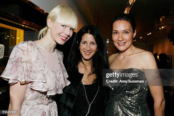 Designer Erin Fetherston, socialite Amanda Ross and designer Devi Kroell attend the Devi Kroell flagship store opening cocktail party at Devi Kroell...