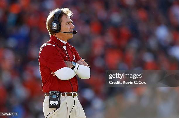 Head coach Nick Saban of the Alabama Crimson Tide against the Auburn Tigers at Jordan-Hare Stadium on November 27, 2009 in Auburn, Alabama.