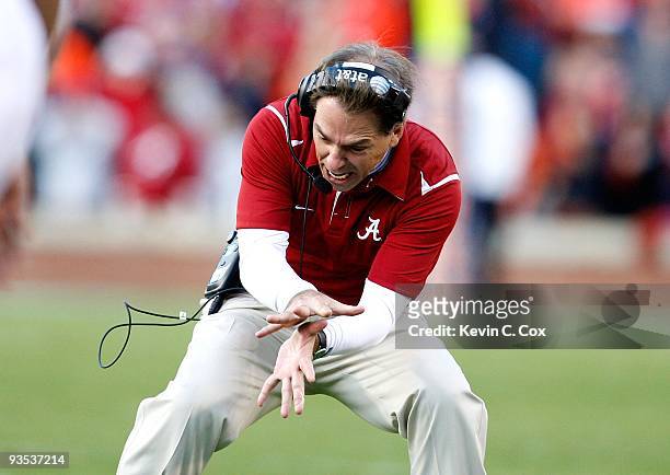 Head coach Nick Saban of the Alabama Crimson Tide yells to his offense during the game against the Auburn Tigers at Jordan-Hare Stadium on November...