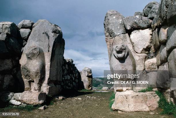 Lions' Gate set in the walls of Hattusa , capital of the Hittite empire , Bogazkale, Turkey. Hittite civilisation, 14th-13th century bC.