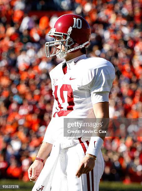 Backup quarterback A.J. McCarron of the Alabama Crimson Tide against the Auburn Tigers at Jordan-Hare Stadium on November 27, 2009 in Auburn, Alabama.