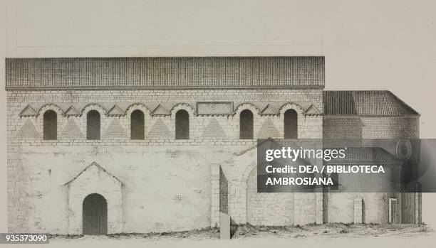 Side facade of the pre-Romanesque church of Saint Generoux, France, drawing by Adolphe Berty, known as Boulet , engraving by Jean-Joseph Sulpis ,...