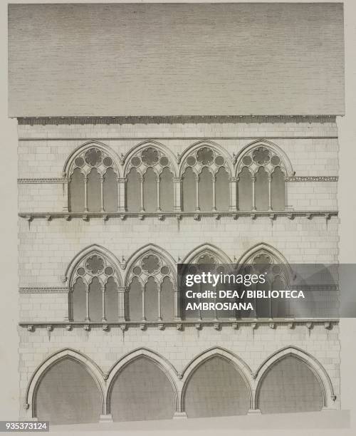 Triple lancet window of a house in Saint-Yrieix-la-Perche, Haute-Vienne, drawing by V Boulle, Jean-Joseph Sulpis , from L'Architecture du V au XVI...