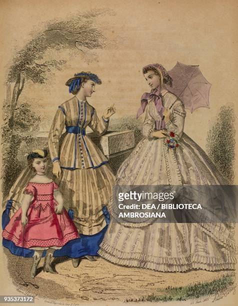 Young woman wearing a Louis XV-style country dress, young woman wearing a white muslin city dress and holding an umbrella, four-five year-old girl...