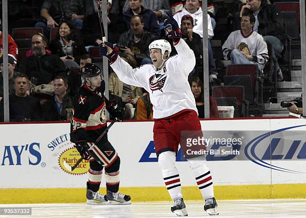 Umberger of the Columbus Blue Jackets celebrates after the Jackets score their third goal of the night against the Chicago Blackhawks on December 01,...