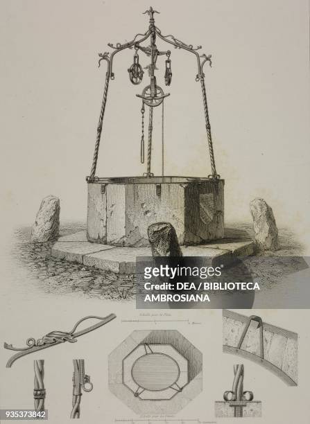 Public well and details, Troyes, France, drawing by Adolphe Berty, known as Boulet , engraving by Bury and Jean-Joseph Sulpis , from L'Architecture...