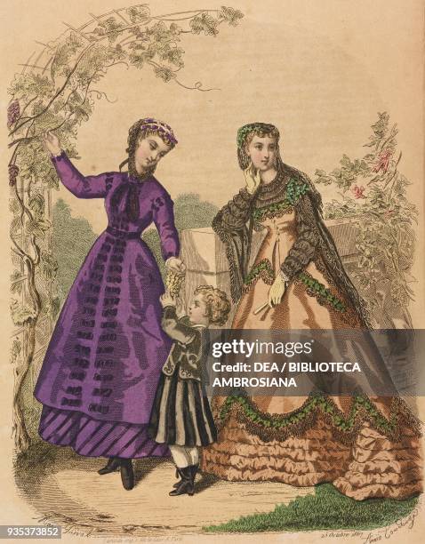 Girl wearing a purple cashmere city dress, women wearing a taffeta evening dress, three-four year-old boy wearing a poplin outfit, engraving by...