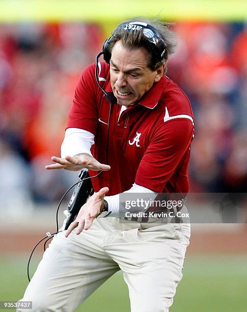 Head coach Nick Saban of the Alabama Crimson Tide yells to his offense during the game against the Auburn Tigers at Jordan-Hare Stadium on November...