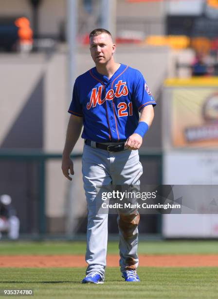 Todd Frazier of the New York Mets looks on during the Spring Training game against the Detroit Tigers at Publix Field at Joker Marchant Stadium on...