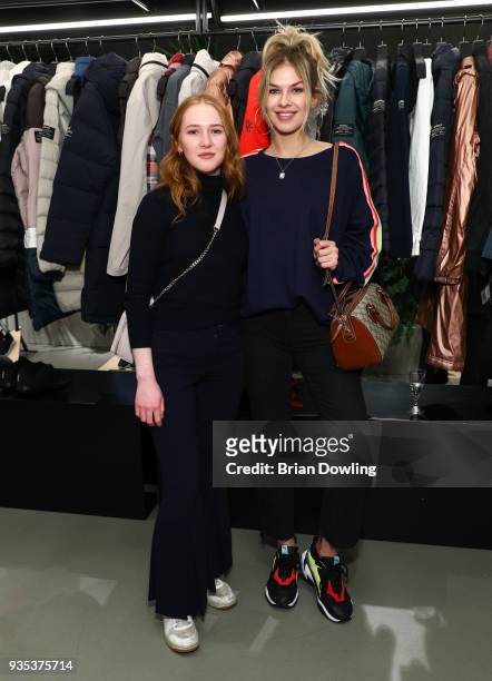 Gina Stiebitz and Zsa Zsa Inci Buerkle attend the Ecoalf Berlin store event to present the SS18 collection on March 20, 2018 in Berlin, Germany.