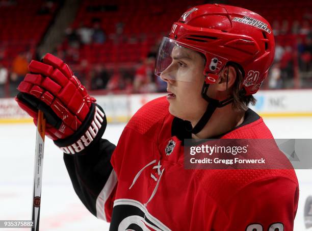 Sebastian Aho of the Carolina Hurricanes is photographed during warmups prior to an NHL game against the Edmonton Oilers on March 20, 2018 at PNC...