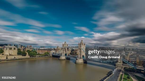 aerial view of tower of london and tower bridge, london, uk - doug armand stockfoto's en -beelden