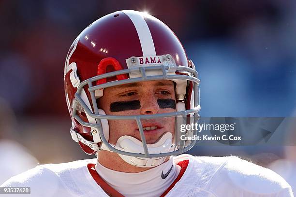 Quarterback Greg McElroy of the Alabama Crimson Tide against the Auburn Tigers at Jordan-Hare Stadium on November 27, 2009 in Auburn, Alabama.