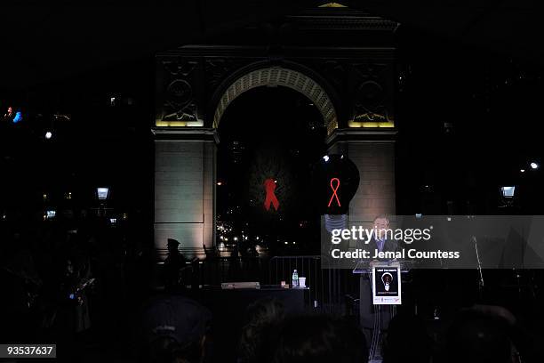 United Nations Secretary-General Ban Ki-Moon speaks during the amfAR world AIDS day event at Washington Square Park on December 1, 2009 in New York...