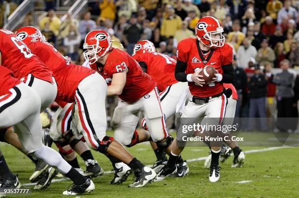 Quarterback Joe Cox of the Georgia Bulldogs against the Georgia Tech Yellow Jackets at Bobby Dodd Stadium on November 28, 2009 in Atlanta, Georgia.