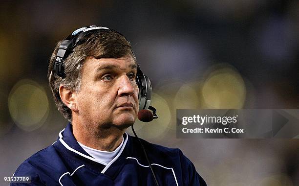 Head coach Paul Johnson of the Georgia Tech Yellow Jackets during the game against the Georgia Bulldogs at Bobby Dodd Stadium on November 28, 2009 in...