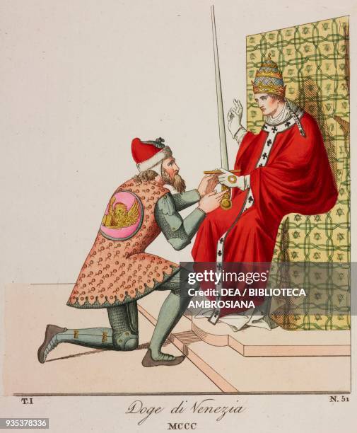 The Doge of Venice receiving the sword to fight Emperor Frederick Barbarossa from Pope Alexander III , illustration from Historical Costumes from the...