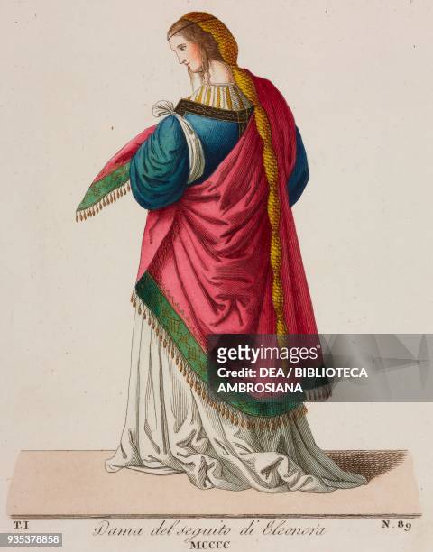 Portuguese lady-in-waiting of Eleanor of Aviz , wearing a pink cloak and white skirt , illustration from costumes of centuries XIII, XIV and XV...