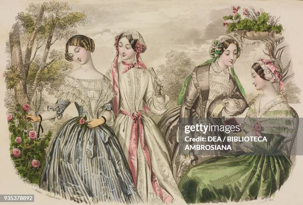 Young women wearing spring dresses in a flower garden: white and blue-striped Beijing dress, white batiste dress with pink ribbon, grosgrain dress...